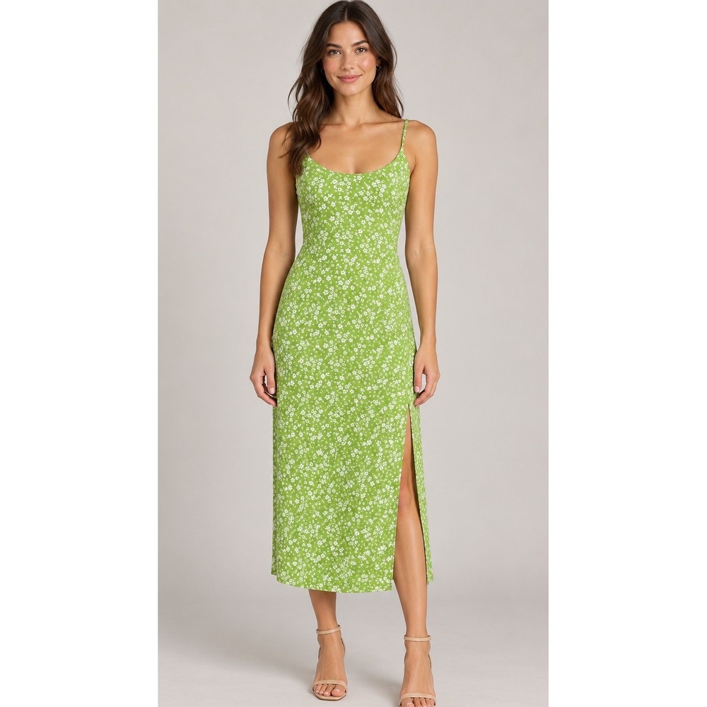 Reformation Green White Ditsy Floral Midi Dress Size 2 Scoop Neck Side Slit